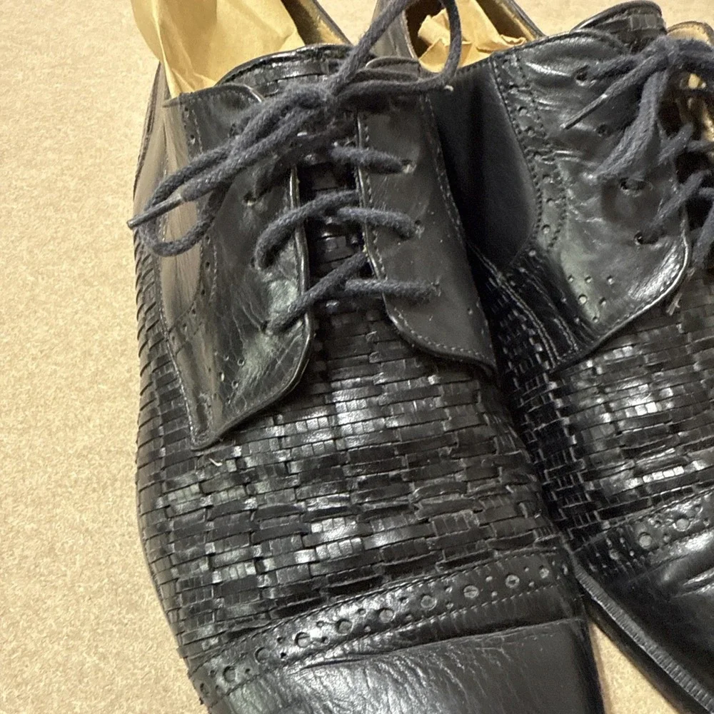 Vtg Mens 8.5 Dress Shoes Black‎ Woven Leather Cap Toe Lace Up Old Money Preppy